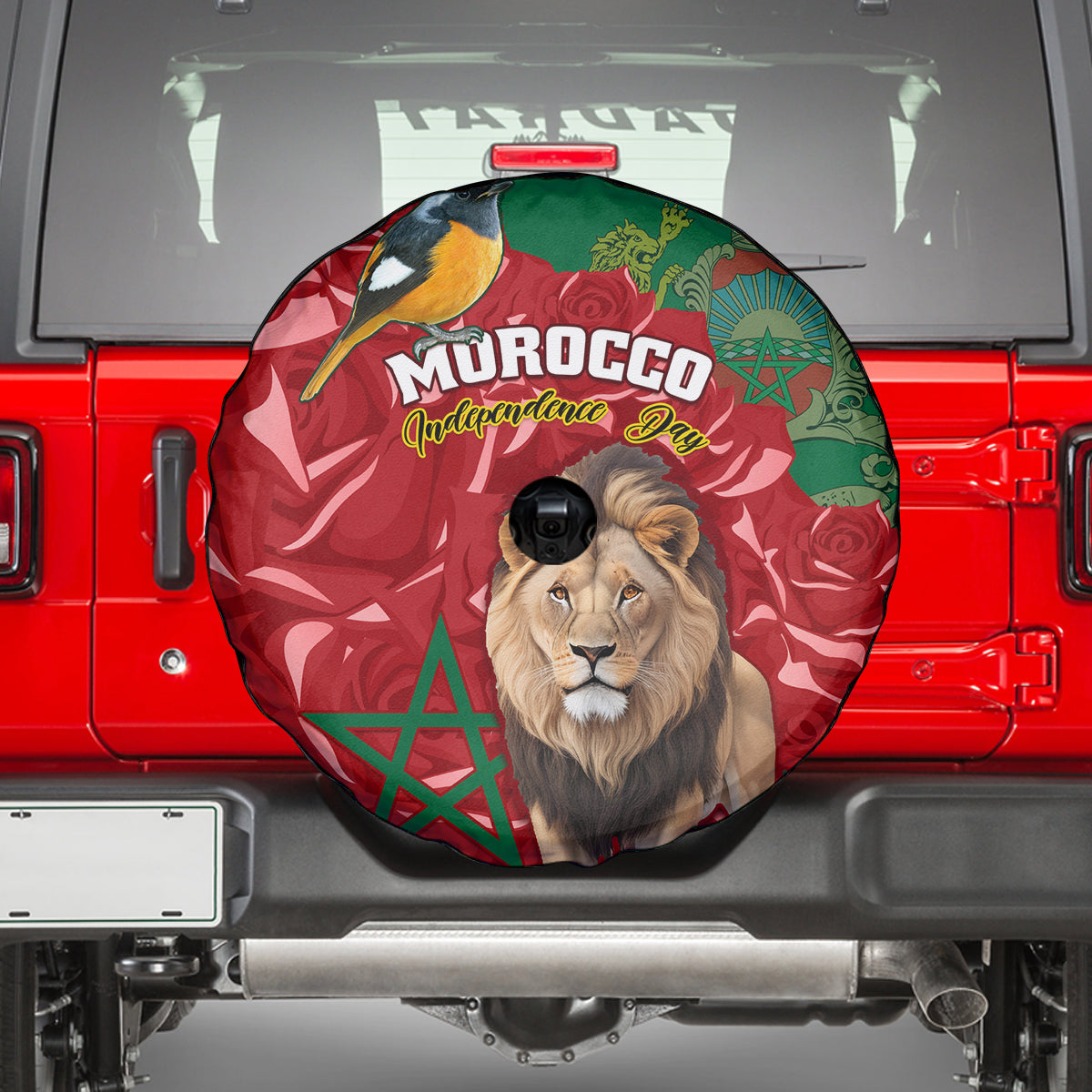 Morocco Independence Day Spare Tire Cover Barbary Lion With Moussier Redstart - Wonder Print Shop