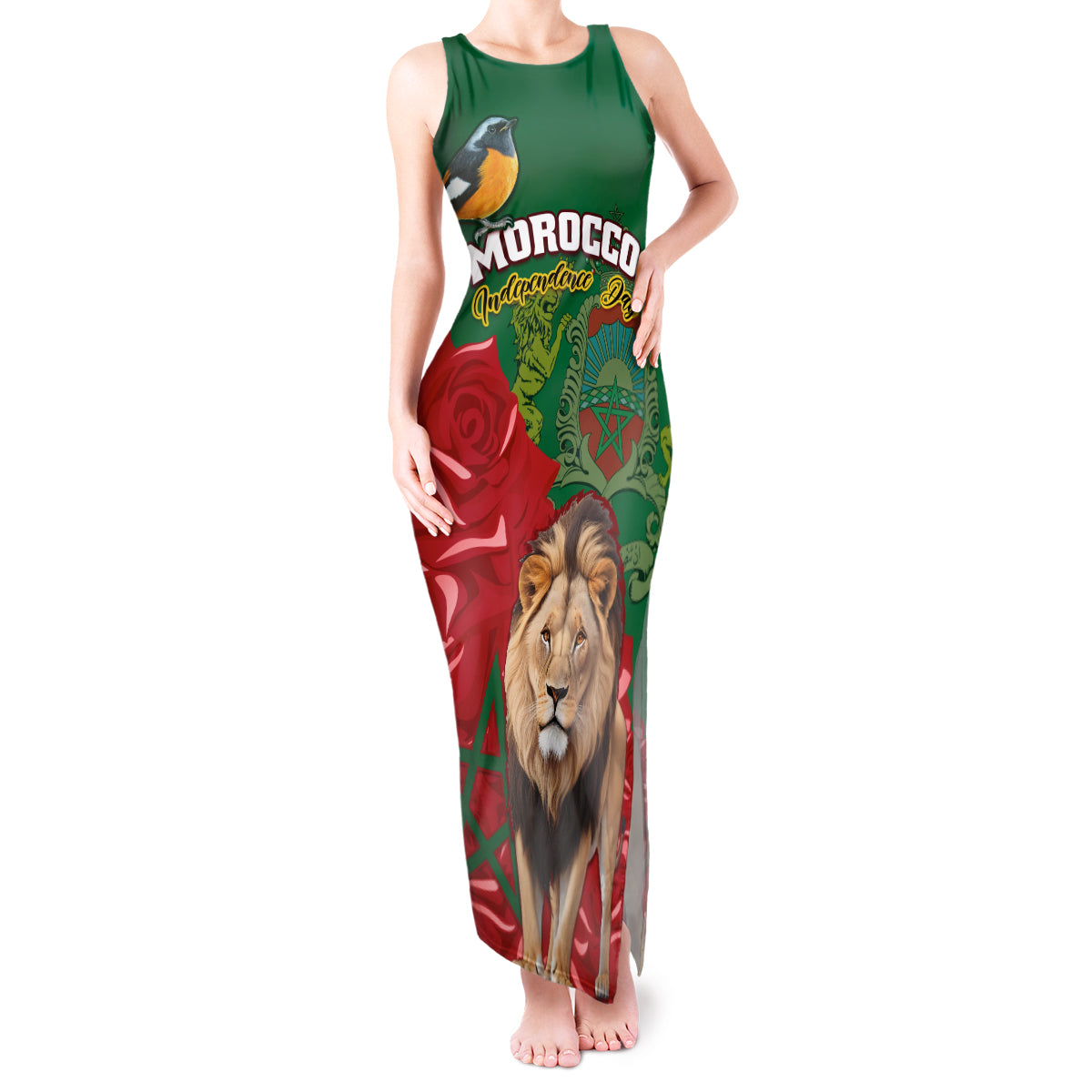 Morocco Independence Day Tank Maxi Dress Barbary Lion With Moussier Redstart - Wonder Print Shop