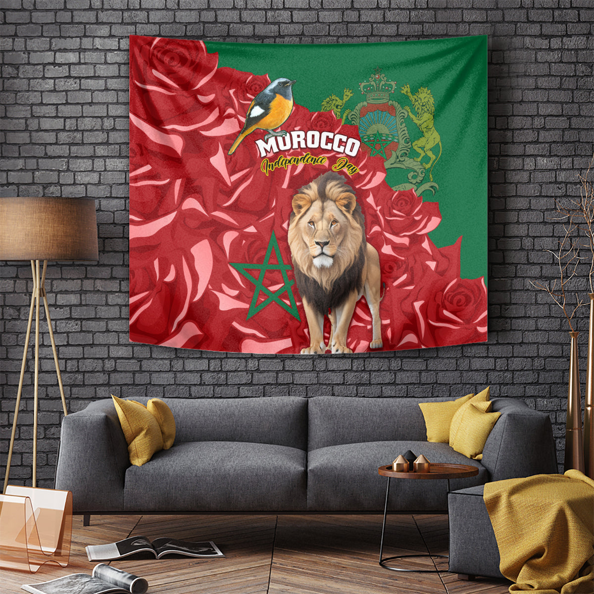Morocco Independence Day Tapestry Barbary Lion With Moussier Redstart - Wonder Print Shop