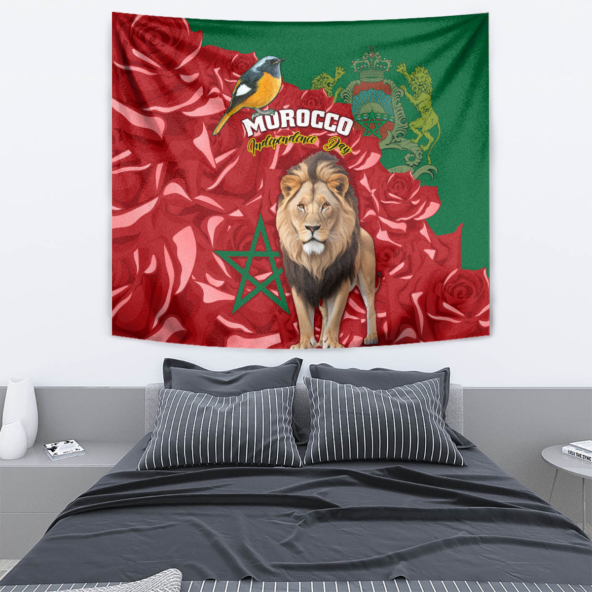 Morocco Independence Day Tapestry Barbary Lion With Moussier Redstart - Wonder Print Shop