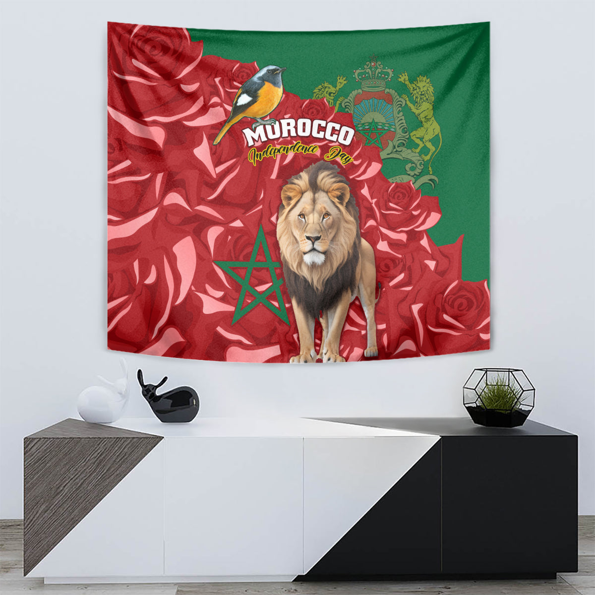 Morocco Independence Day Tapestry Barbary Lion With Moussier Redstart - Wonder Print Shop