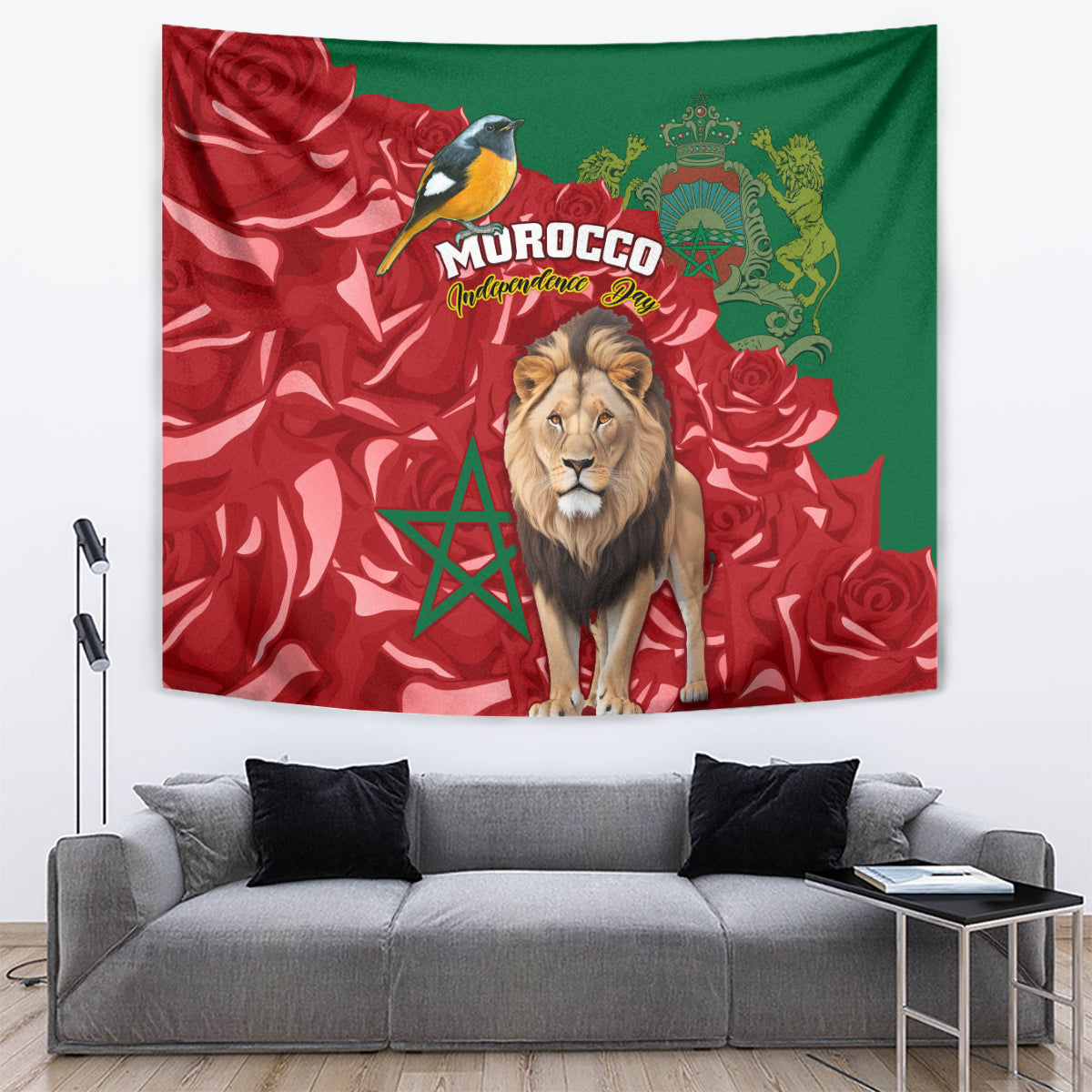 Morocco Independence Day Tapestry Barbary Lion With Moussier Redstart - Wonder Print Shop