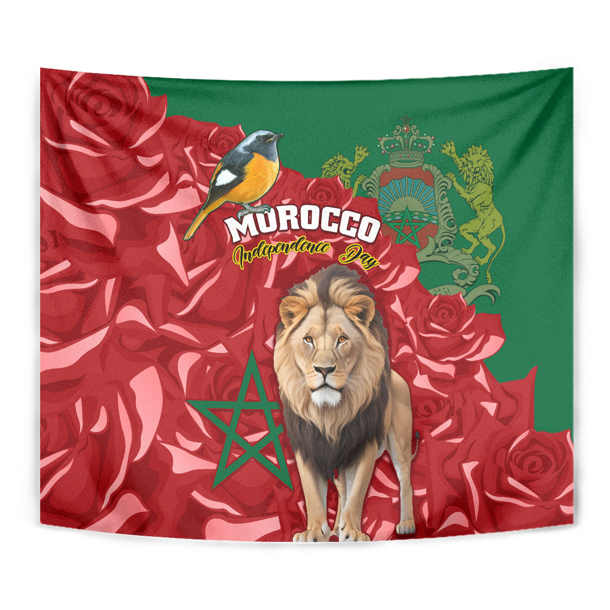Morocco Independence Day Tapestry Barbary Lion With Moussier Redstart - Wonder Print Shop