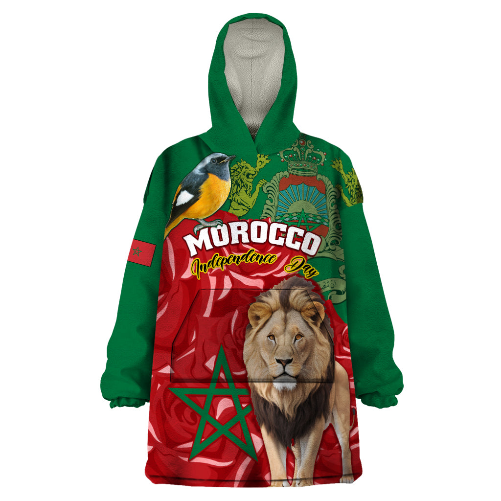 Morocco Independence Day Wearable Blanket Hoodie Barbary Lion With Moussier Redstart - Wonder Print Shop