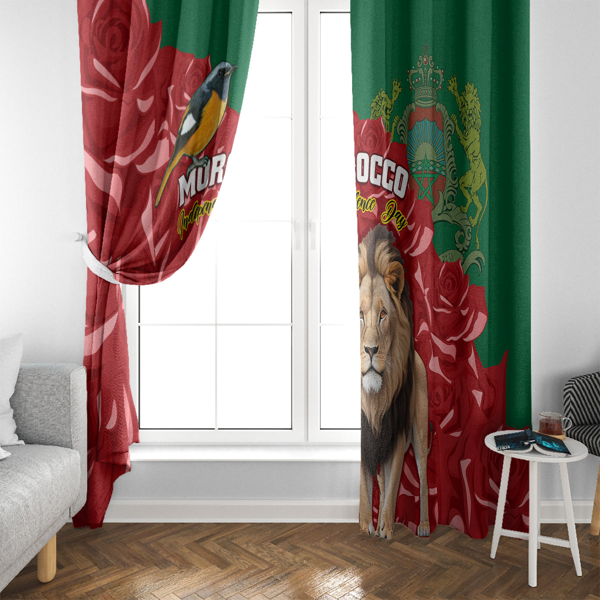 Morocco Independence Day Window Curtain Barbary Lion With Moussier Redstart - Wonder Print Shop