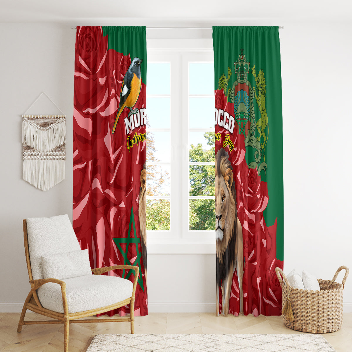 Morocco Independence Day Window Curtain Barbary Lion With Moussier Redstart - Wonder Print Shop
