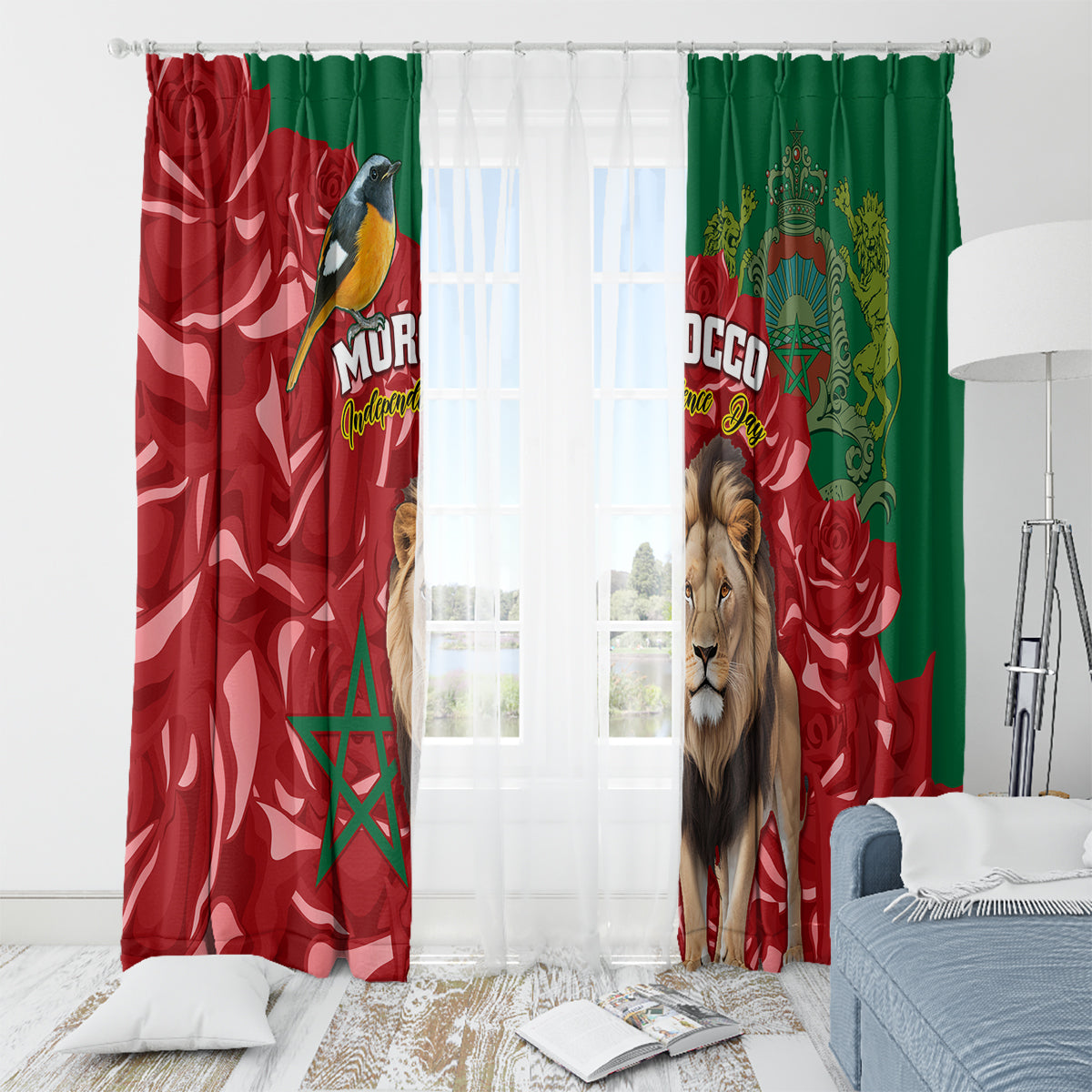 Morocco Independence Day Window Curtain Barbary Lion With Moussier Redstart - Wonder Print Shop