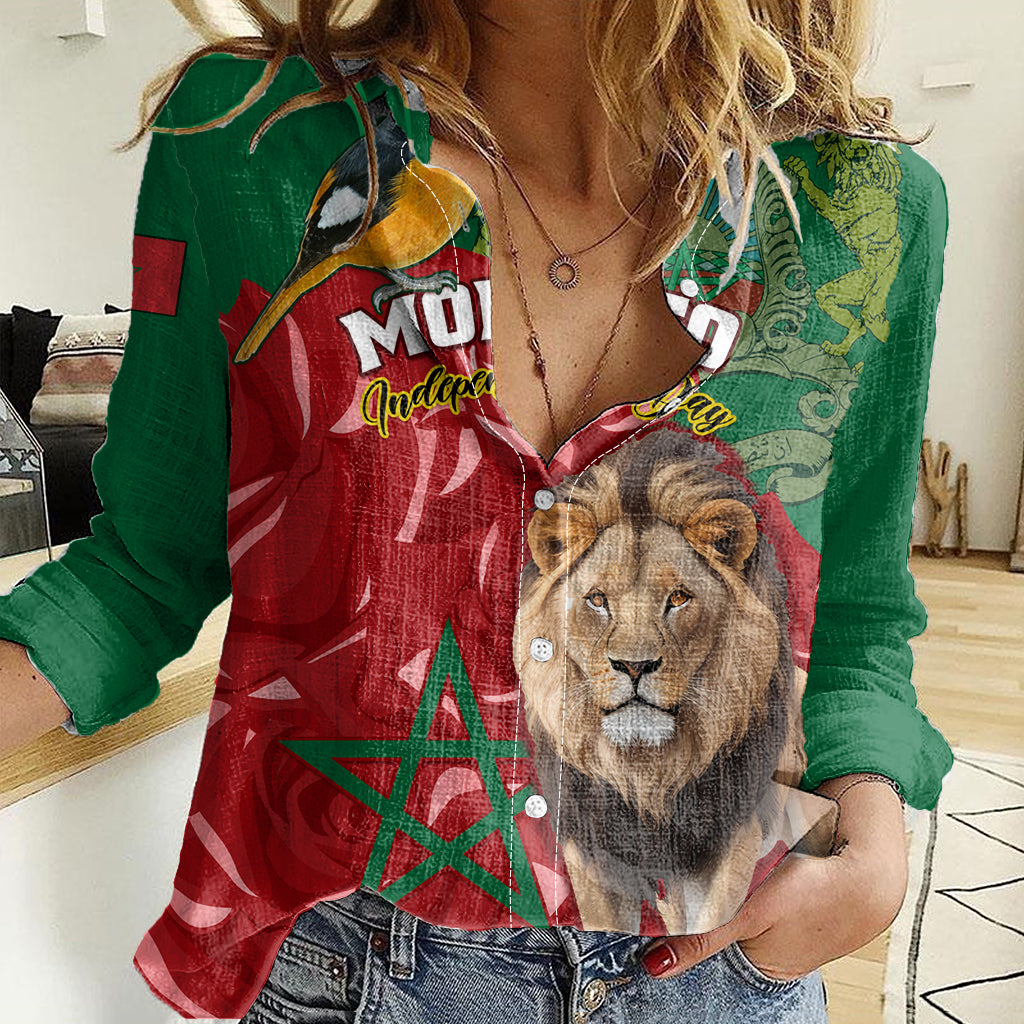 morocco-independence-day-women-casual-shirt-barbary-lion-with-moussier-redstart