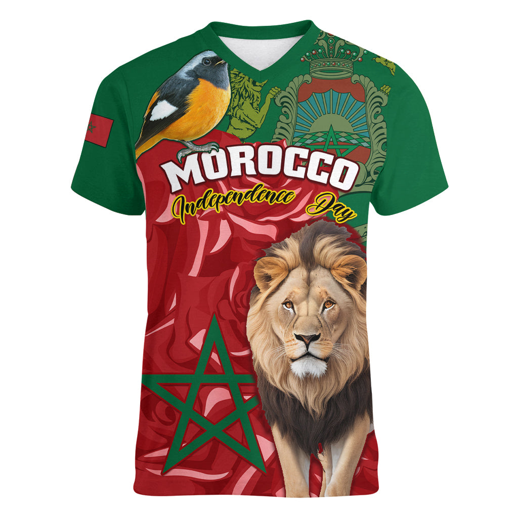 Morocco Independence Day Women V Neck T Shirt Barbary Lion With Moussier Redstart - Wonder Print Shop