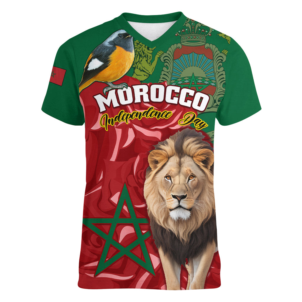morocco-independence-day-women-v-neck-t-shirt-barbary-lion-with-moussier-redstart