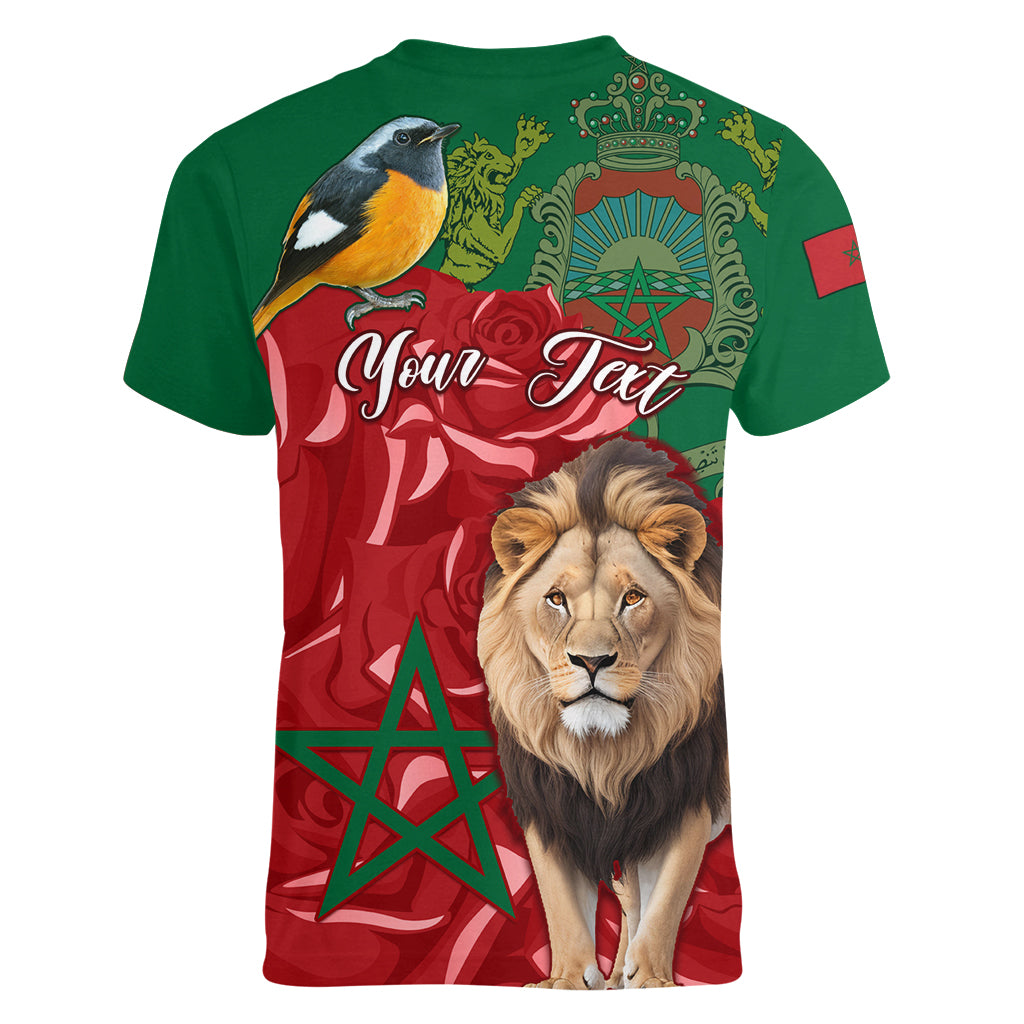 Morocco Independence Day Women V Neck T Shirt Barbary Lion With Moussier Redstart - Wonder Print Shop