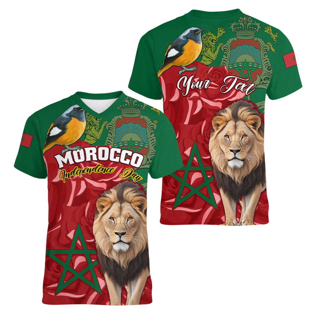 Morocco Independence Day Women V Neck T Shirt Barbary Lion With Moussier Redstart - Wonder Print Shop
