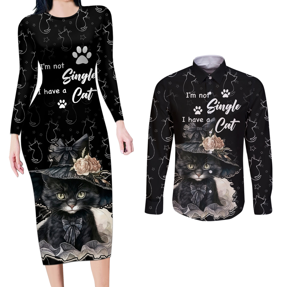 Single Day Couples Matching Long Sleeve Bodycon Dress and Long Sleeve Button Shirts I Am Not Single I Have A Cat - Wonder Print Shop