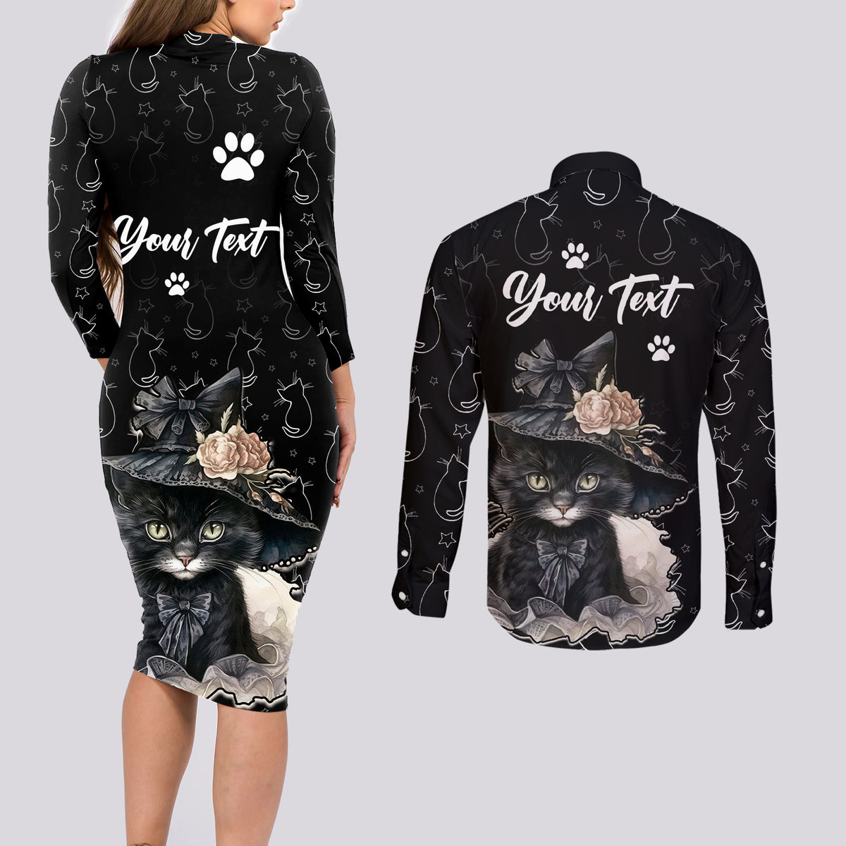 Single Day Couples Matching Long Sleeve Bodycon Dress and Long Sleeve Button Shirts I Am Not Single I Have A Cat - Wonder Print Shop
