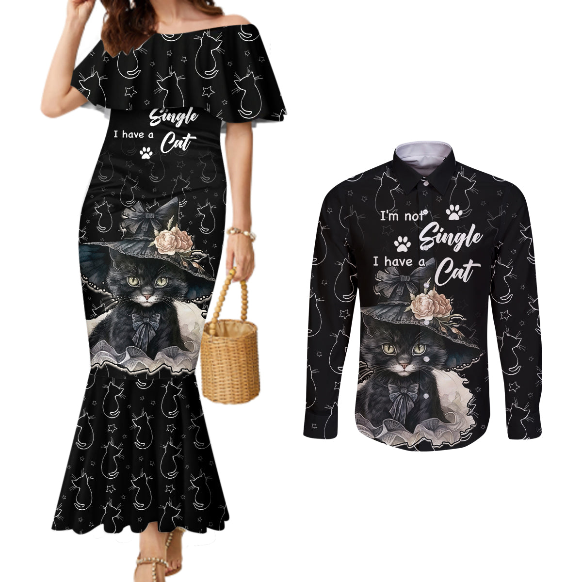 single-day-couples-matching-mermaid-dress-and-long-sleeve-button-shirts-i-am-not-single-i-have-a-cat