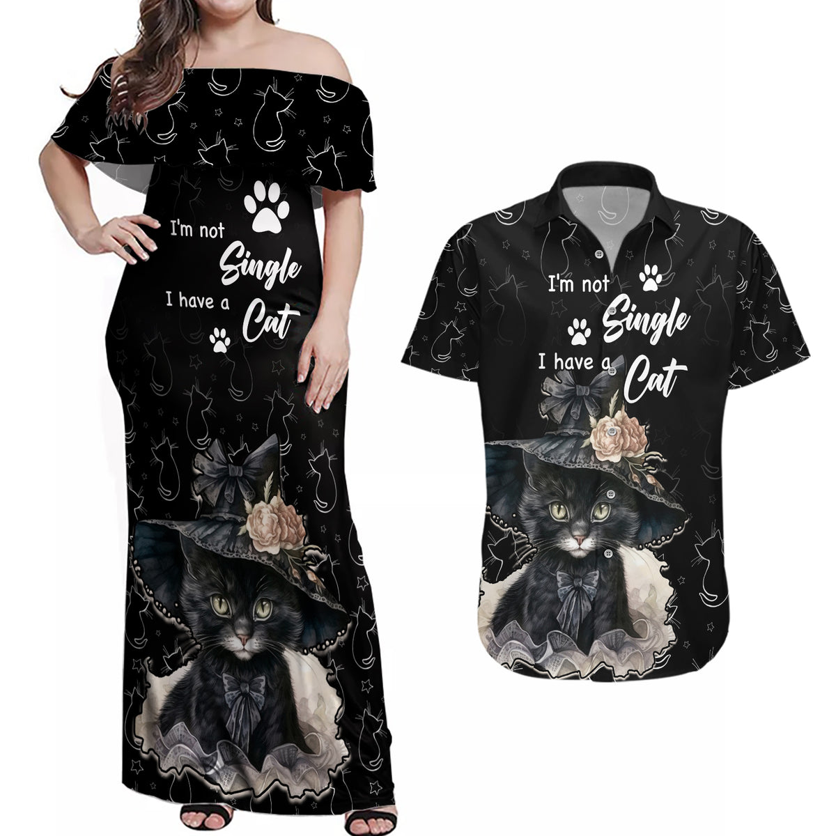 Single Day Couples Matching Off Shoulder Maxi Dress and Hawaiian Shirt I Am Not Single I Have A Cat - Wonder Print Shop