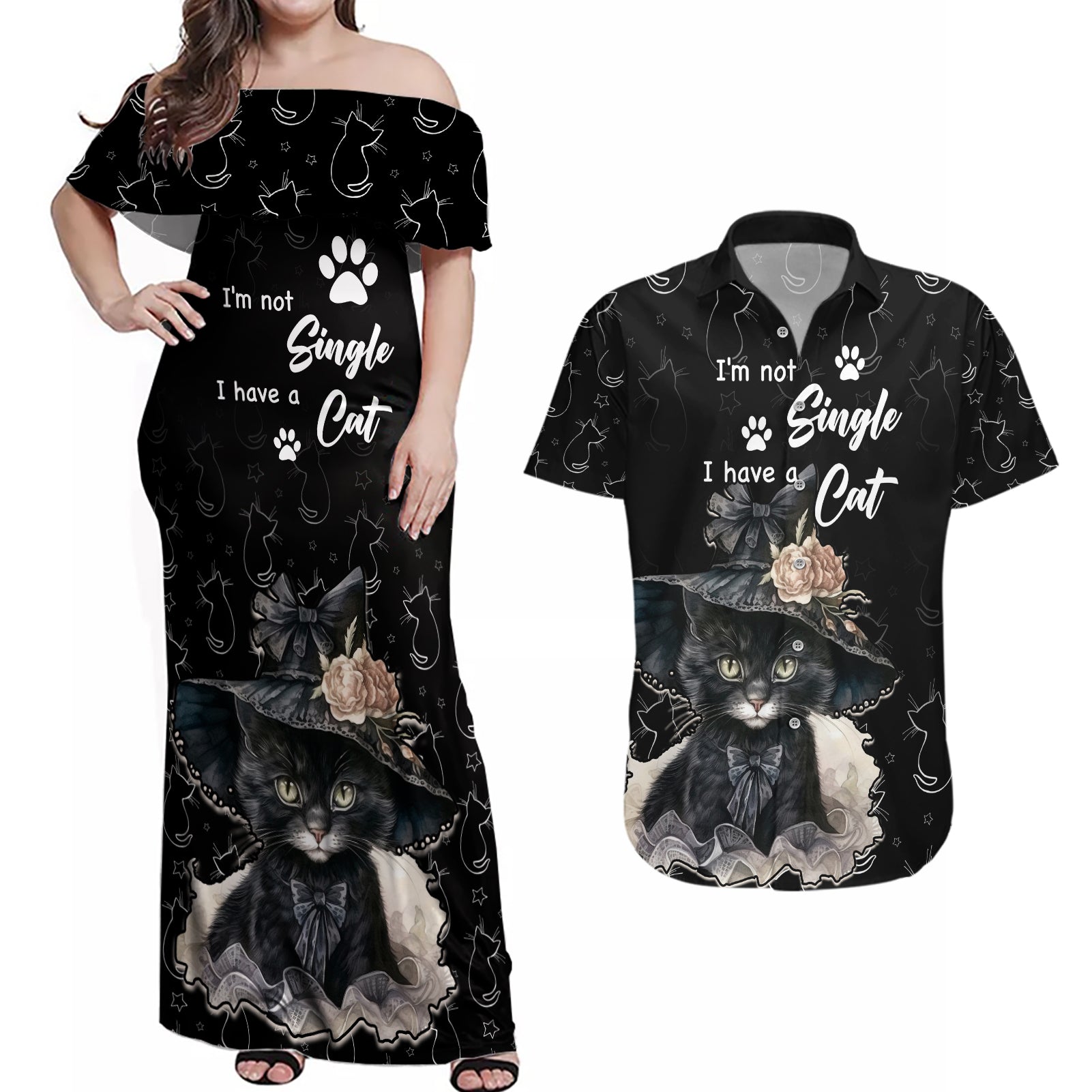 Single Day Couples Matching Off Shoulder Maxi Dress and Hawaiian Shirt I Am Not Single I Have A Cat - Wonder Print Shop