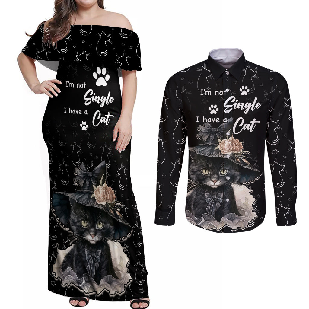 Single Day Couples Matching Off Shoulder Maxi Dress and Long Sleeve Button Shirts I Am Not Single I Have A Cat - Wonder Print Shop