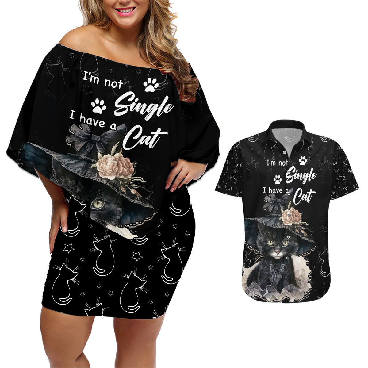 Single Day Couples Matching Off Shoulder Short Dress and Hawaiian Shirt I Am Not Single I Have A Cat - Wonder Print Shop