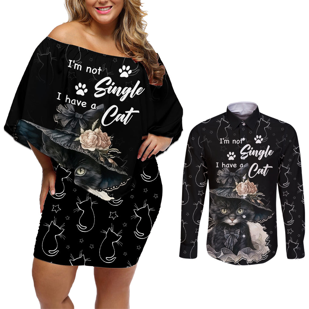 Single Day Couples Matching Off Shoulder Short Dress and Long Sleeve Button Shirts I Am Not Single I Have A Cat - Wonder Print Shop