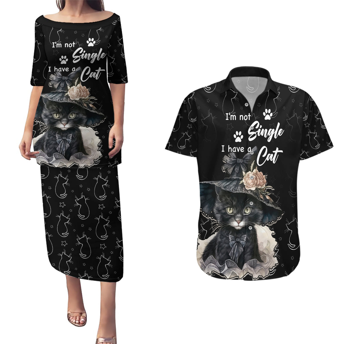Single Day Couples Matching Puletasi Dress and Hawaiian Shirt I Am Not Single I Have A Cat - Wonder Print Shop