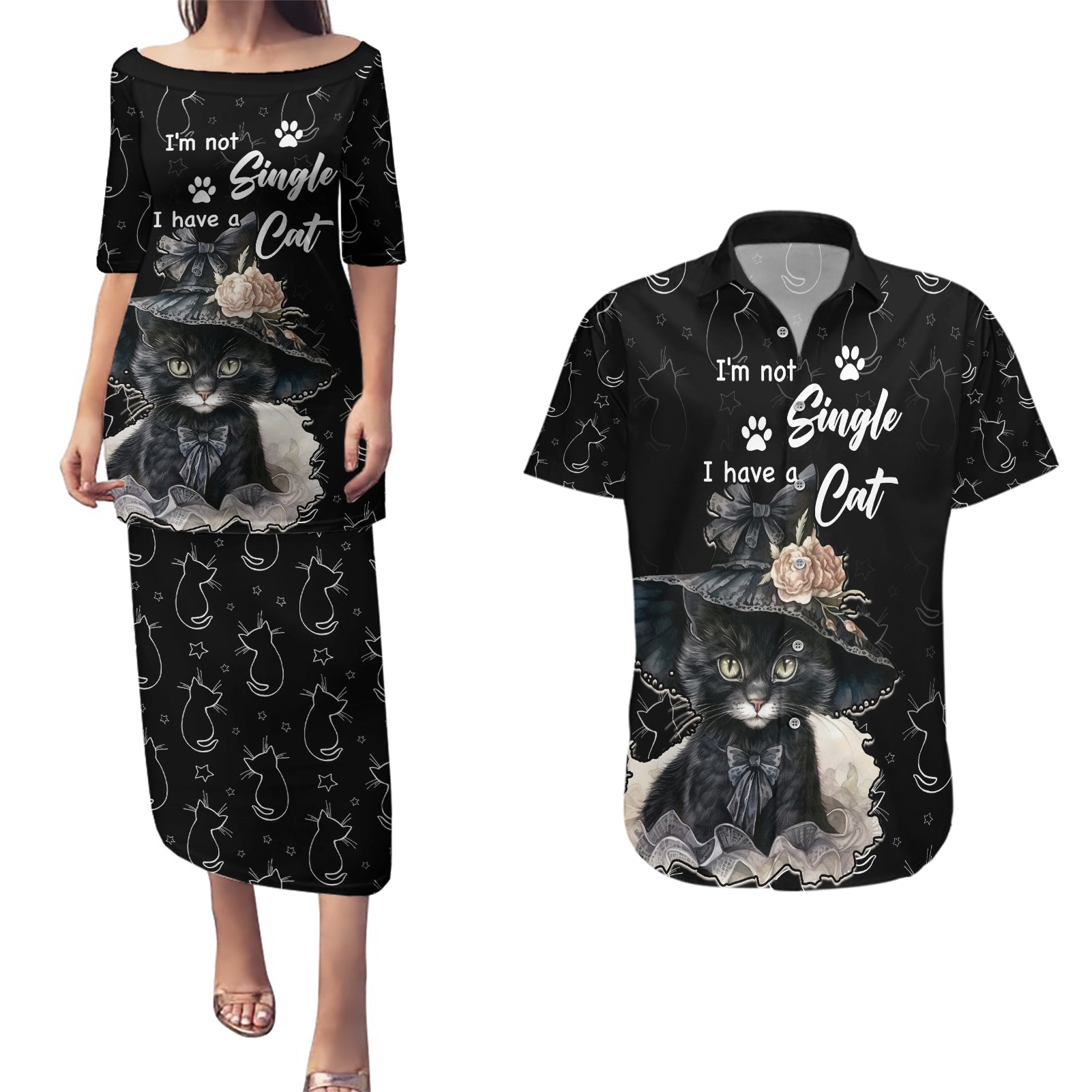 Single Day Couples Matching Puletasi Dress and Hawaiian Shirt I Am Not Single I Have A Cat - Wonder Print Shop