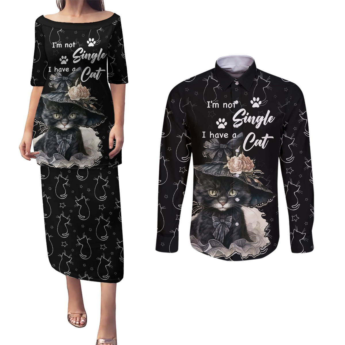 Single Day Couples Matching Puletasi Dress and Long Sleeve Button Shirts I Am Not Single I Have A Cat - Wonder Print Shop