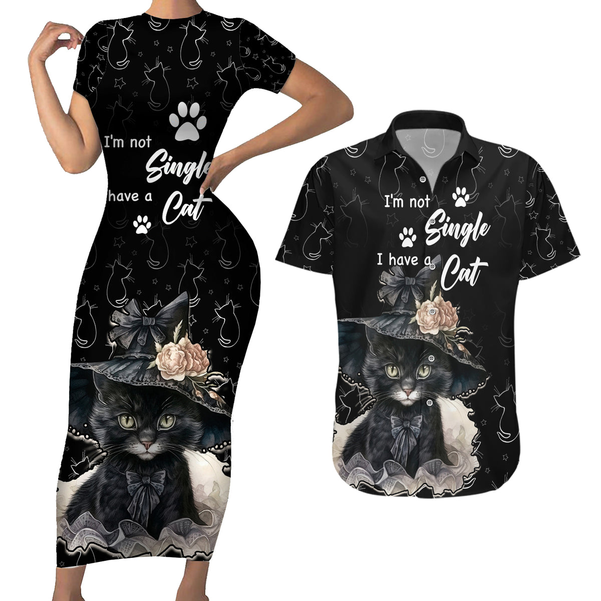 Single Day Couples Matching Short Sleeve Bodycon Dress and Hawaiian Shirt I Am Not Single I Have A Cat - Wonder Print Shop