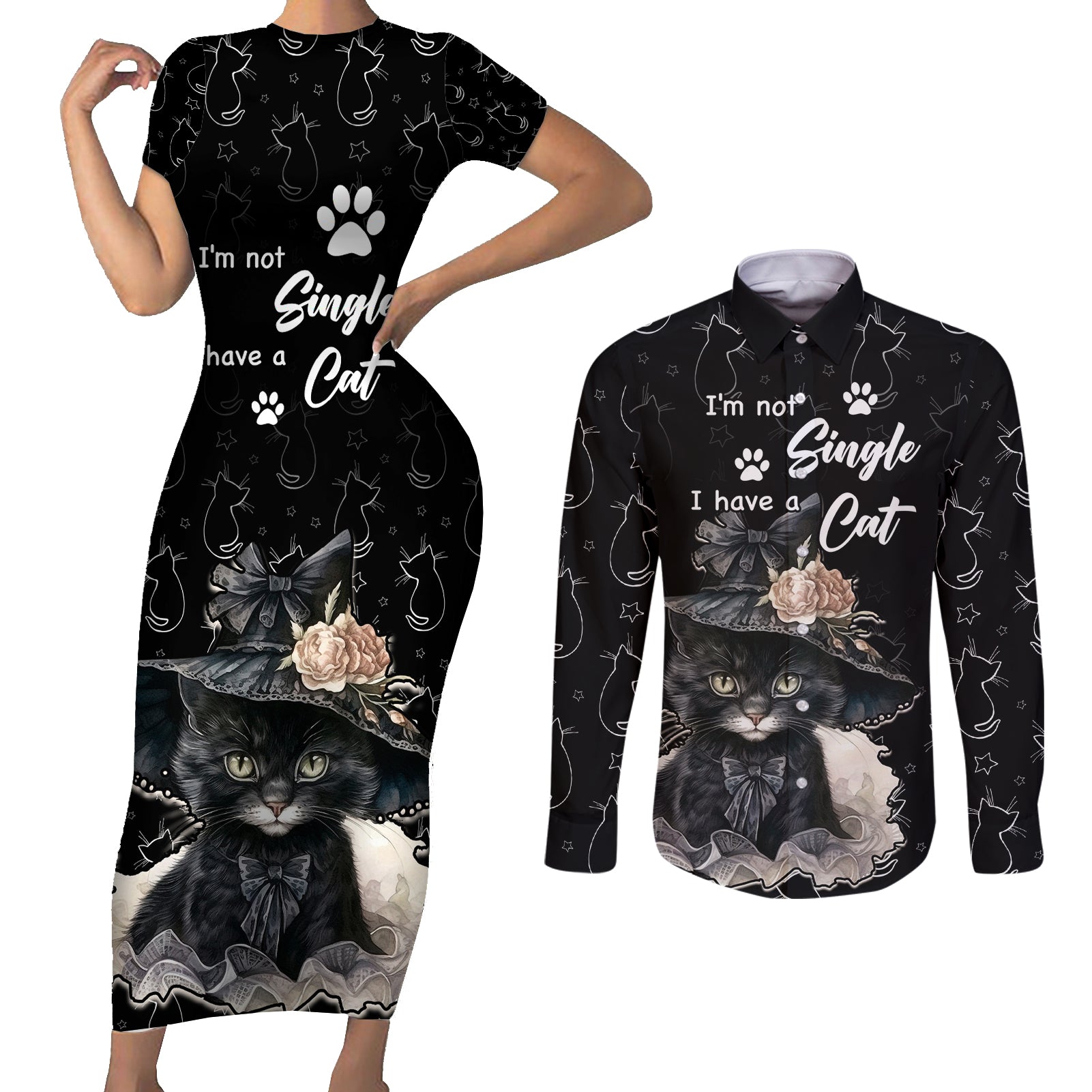 Single Day Couples Matching Short Sleeve Bodycon Dress and Long Sleeve Button Shirts I Am Not Single I Have A Cat - Wonder Print Shop