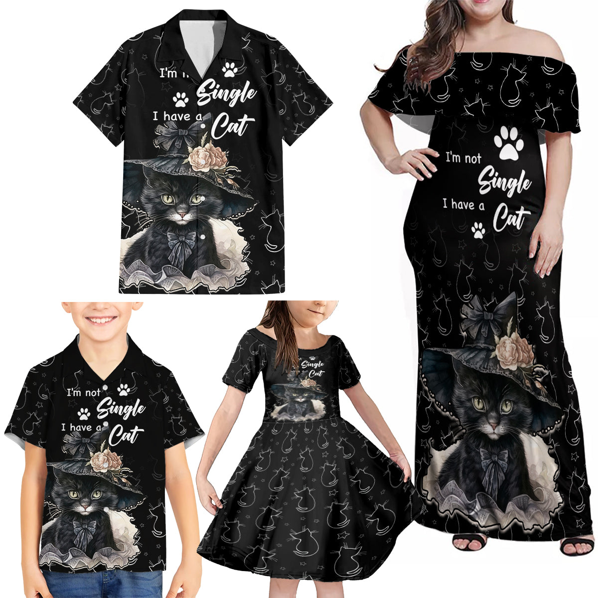 Single Day Family Matching Off Shoulder Maxi Dress and Hawaiian Shirt I Am Not Single I Have A Cat - Wonder Print Shop