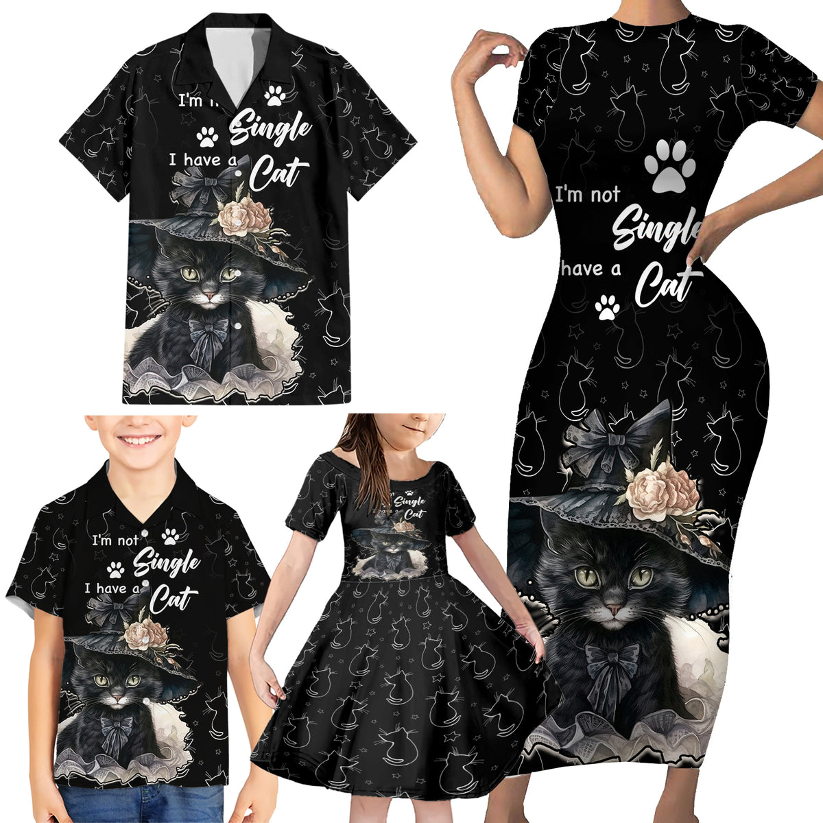 Single Day Family Matching Short Sleeve Bodycon Dress and Hawaiian Shirt I Am Not Single I Have A Cat - Wonder Print Shop