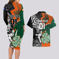 New Zealand and Ireland Rugby Couples Matching Long Sleeve Bodycon Dress and Hawaiian Shirt Silver Fern With Shamrock 2023 World Cup - Wonder Print Shop