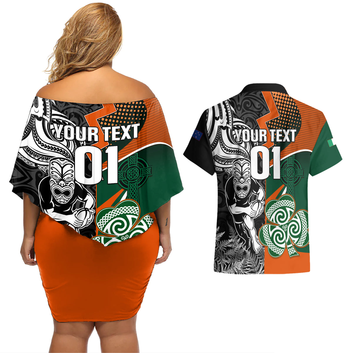 New Zealand and Ireland Rugby Couples Matching Off Shoulder Short Dress and Hawaiian Shirt Silver Fern With Shamrock 2023 World Cup - Wonder Print Shop