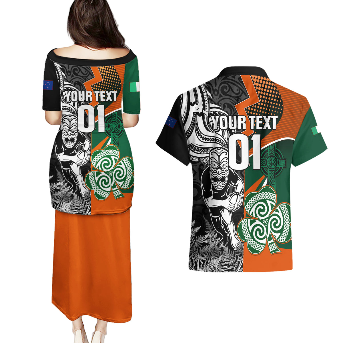 New Zealand and Ireland Rugby Couples Matching Puletasi Dress and Hawaiian Shirt Silver Fern With Shamrock 2023 World Cup - Wonder Print Shop