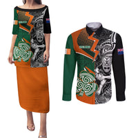 New Zealand and Ireland Rugby Couples Matching Puletasi Dress and Long Sleeve Button Shirts Silver Fern With Shamrock 2023 World Cup - Wonder Print Shop