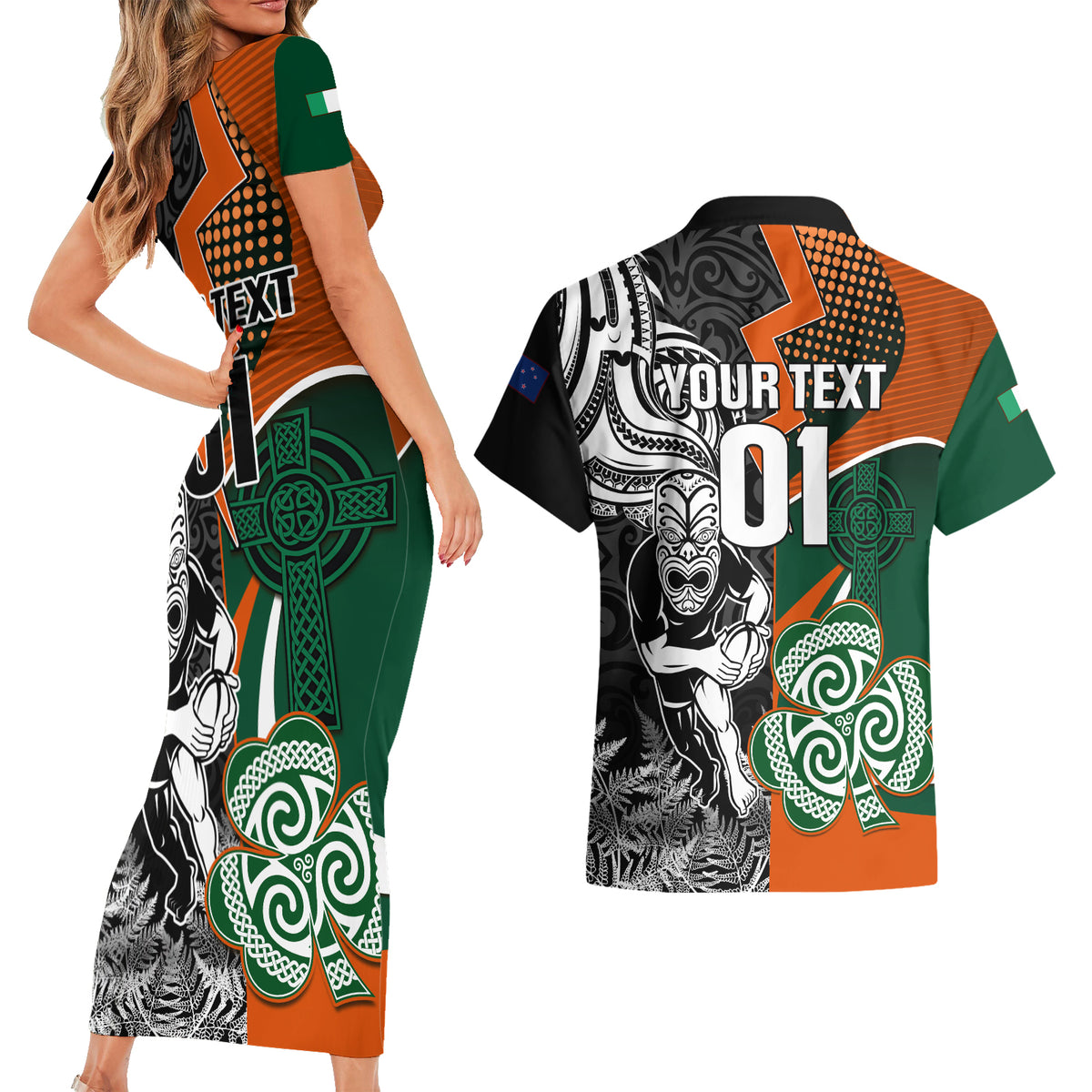 New Zealand and Ireland Rugby Couples Matching Short Sleeve Bodycon Dress and Hawaiian Shirt Silver Fern With Shamrock 2023 World Cup - Wonder Print Shop