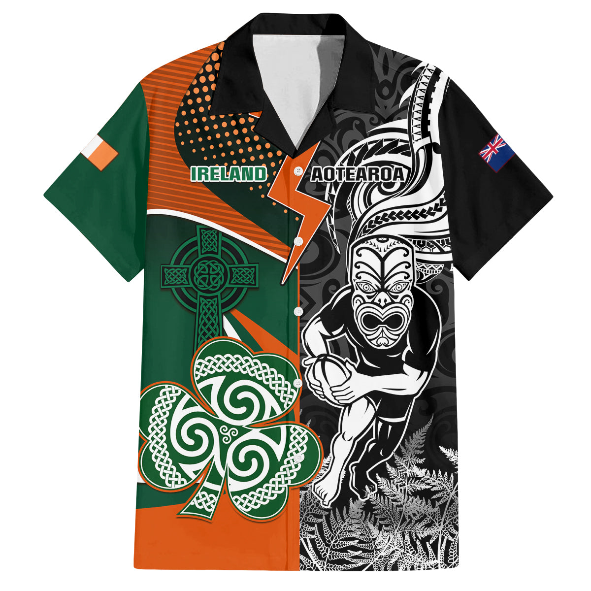 New Zealand and Ireland Rugby Family Matching Long Sleeve Bodycon Dress and Hawaiian Shirt Silver Fern With Shamrock 2023 World Cup - Wonder Print Shop
