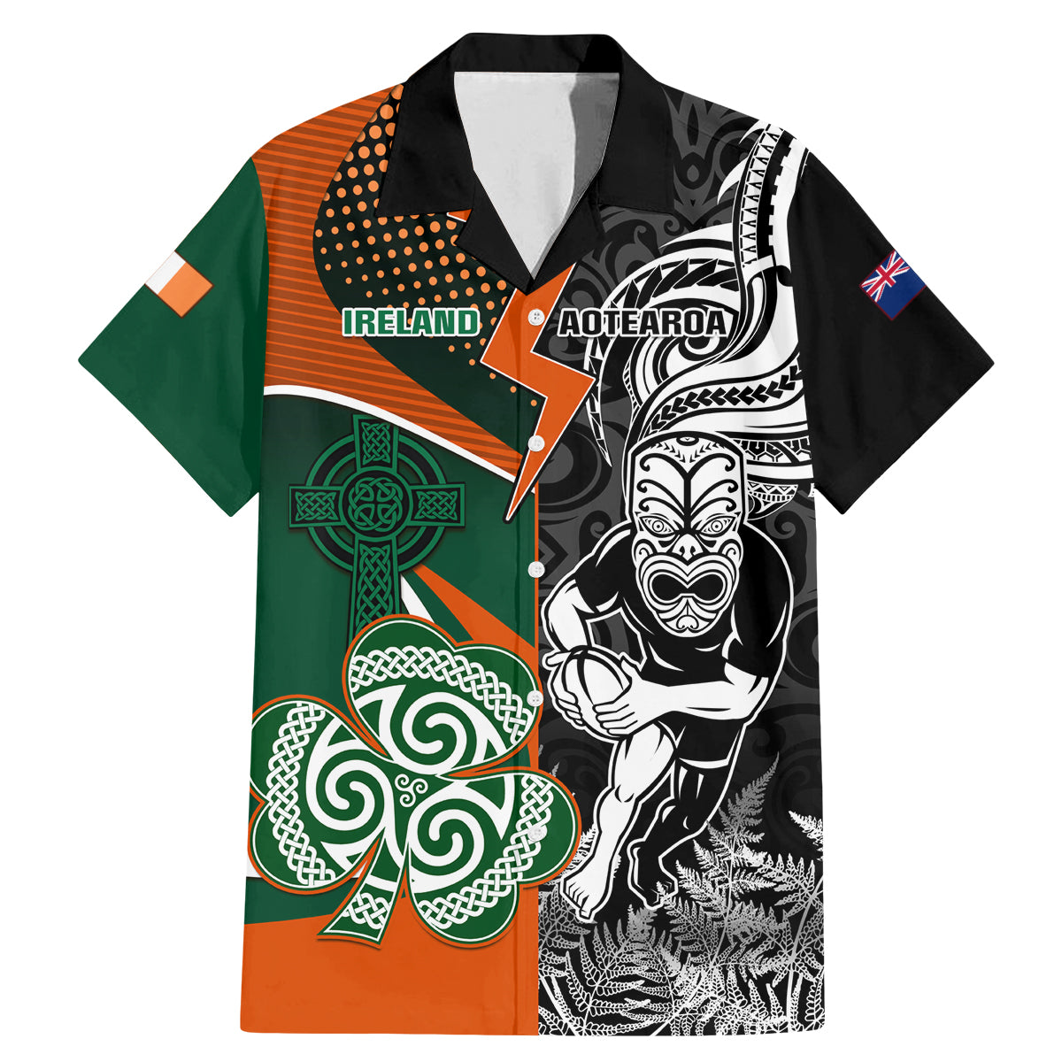 New Zealand and Ireland Rugby Family Matching Mermaid Dress and Hawaiian Shirt Silver Fern With Shamrock 2023 World Cup - Wonder Print Shop