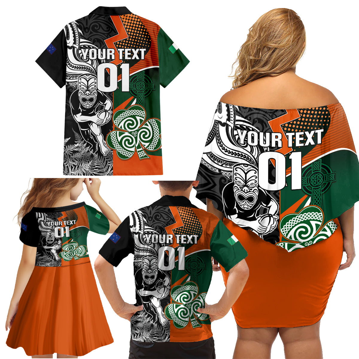 New Zealand and Ireland Rugby Family Matching Off Shoulder Short Dress and Hawaiian Shirt Silver Fern With Shamrock 2023 World Cup - Wonder Print Shop