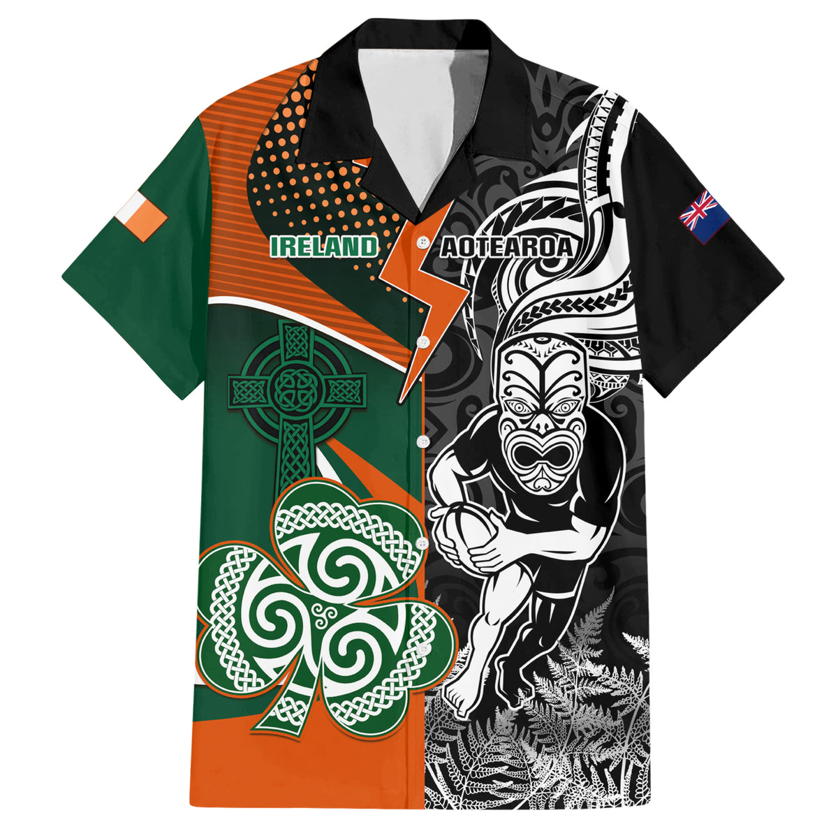 New Zealand and Ireland Rugby Family Matching Short Sleeve Bodycon Dress and Hawaiian Shirt Silver Fern With Shamrock 2023 World Cup - Wonder Print Shop