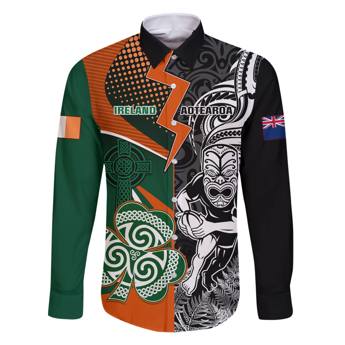 New Zealand and Ireland Rugby Family Matching Tank Maxi Dress and Hawaiian Shirt Silver Fern With Shamrock 2023 World Cup - Wonder Print Shop