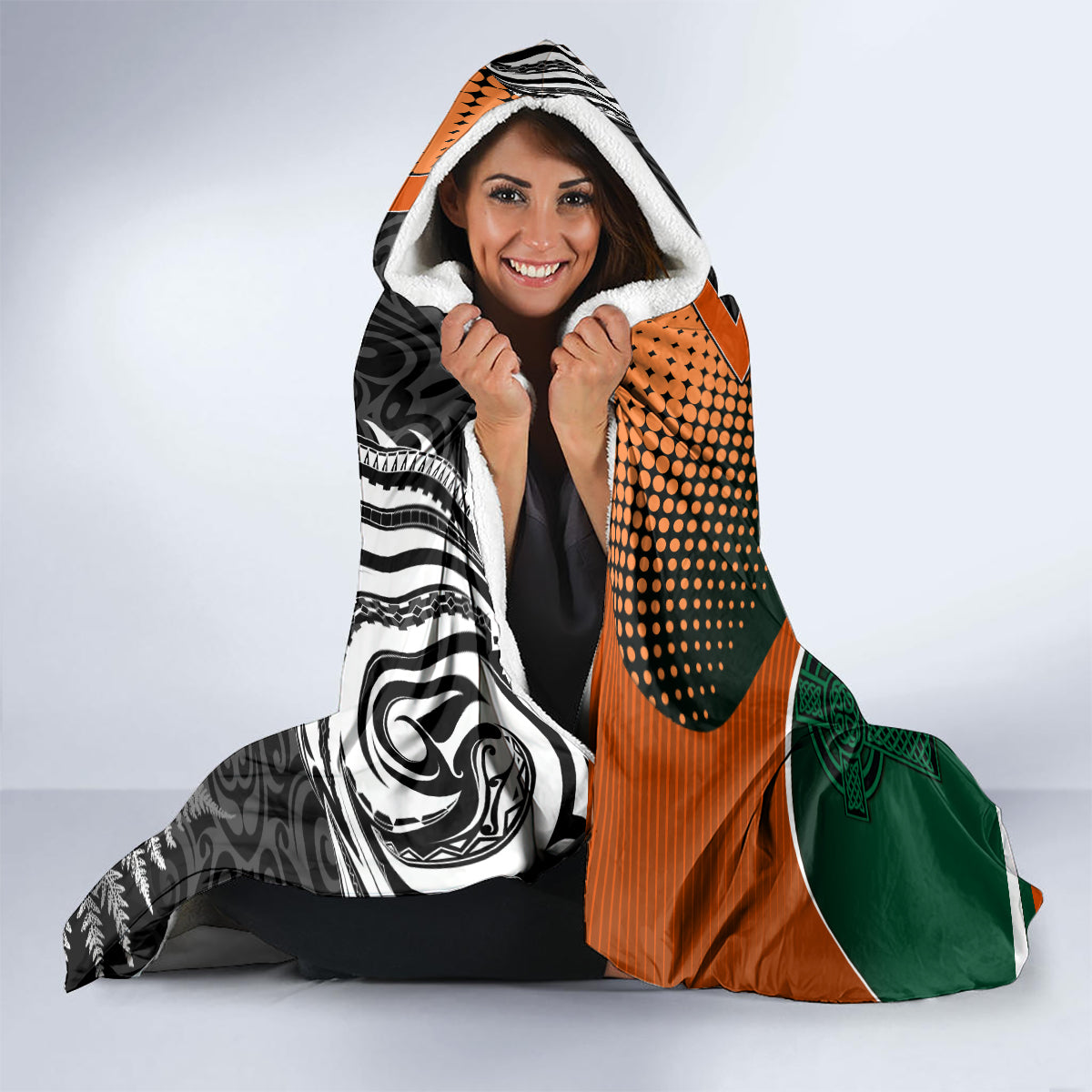 new-zealand-and-ireland-rugby-hooded-blanket-silver-fern-with-shamrock-2023-world-cup