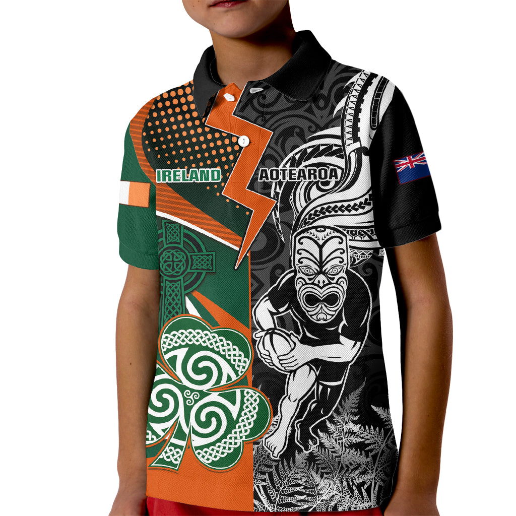 New Zealand and Ireland Rugby Kid Polo Shirt Silver Fern With Shamrock 2023 World Cup - Wonder Print Shop