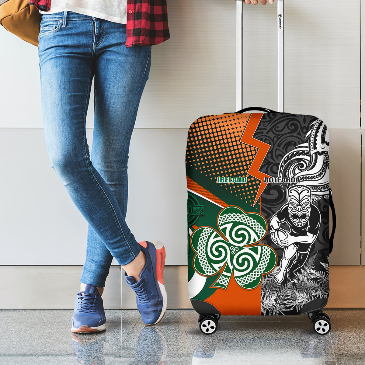 New Zealand and Ireland Rugby Luggage Cover Silver Fern With Shamrock 2023 World Cup - Wonder Print Shop