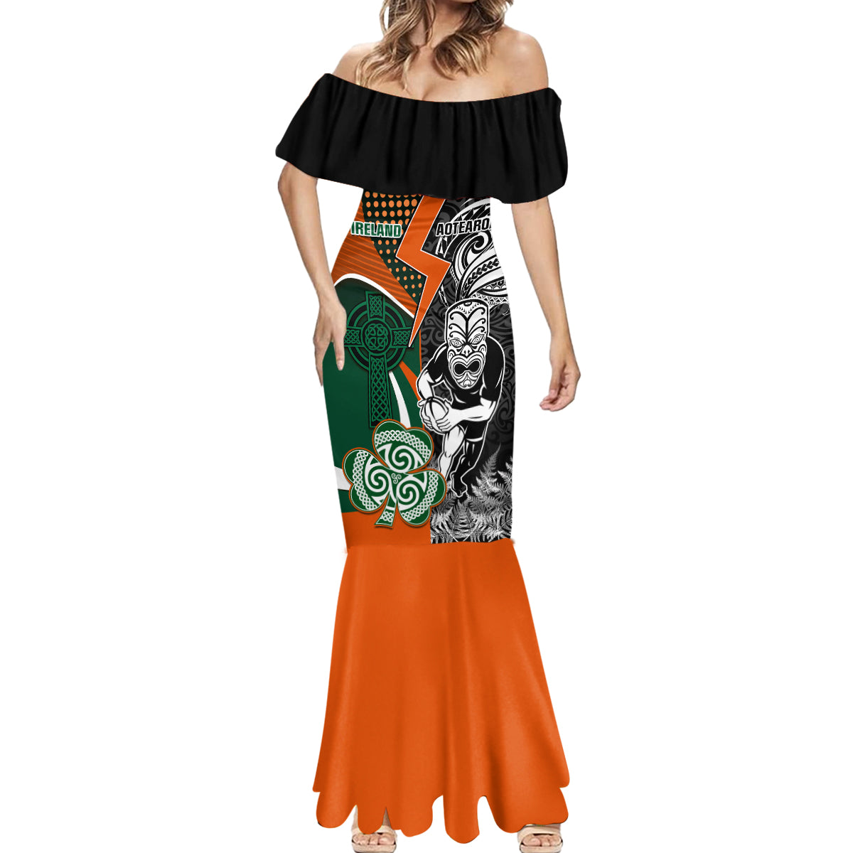 New Zealand and Ireland Rugby Mermaid Dress Silver Fern With Shamrock 2023 World Cup - Wonder Print Shop