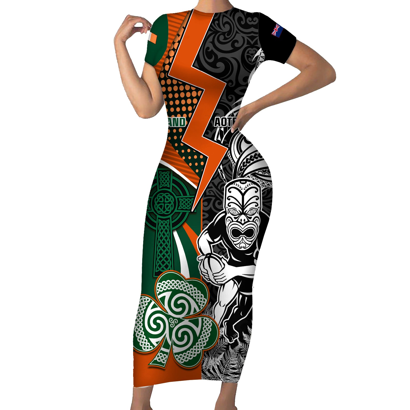 New Zealand and Ireland Rugby Short Sleeve Bodycon Dress Silver Fern With Shamrock 2023 World Cup - Wonder Print Shop