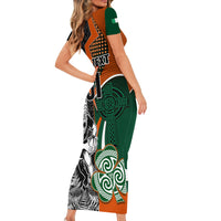 New Zealand and Ireland Rugby Short Sleeve Bodycon Dress Silver Fern With Shamrock 2023 World Cup - Wonder Print Shop