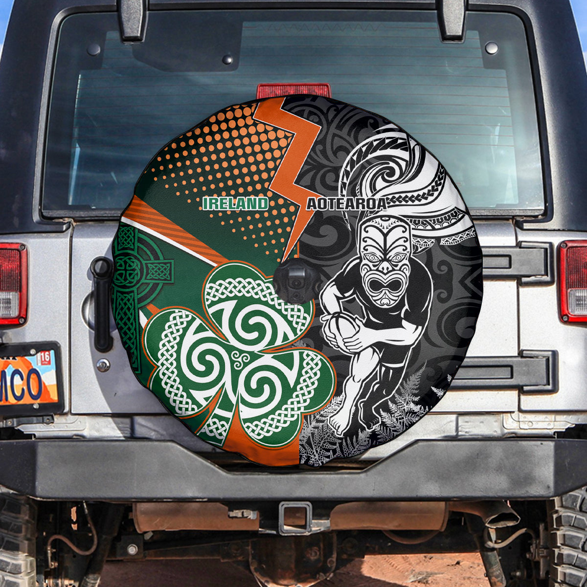 New Zealand and Ireland Rugby Spare Tire Cover Silver Fern With Shamrock 2023 World Cup - Wonder Print Shop