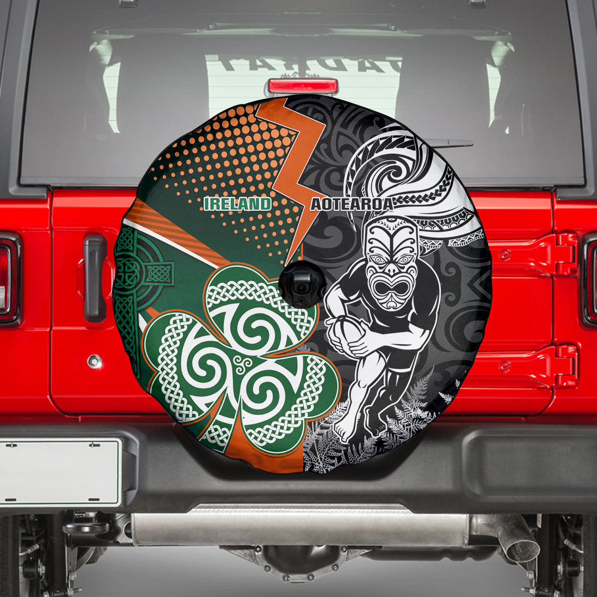 New Zealand and Ireland Rugby Spare Tire Cover Silver Fern With Shamrock 2023 World Cup - Wonder Print Shop