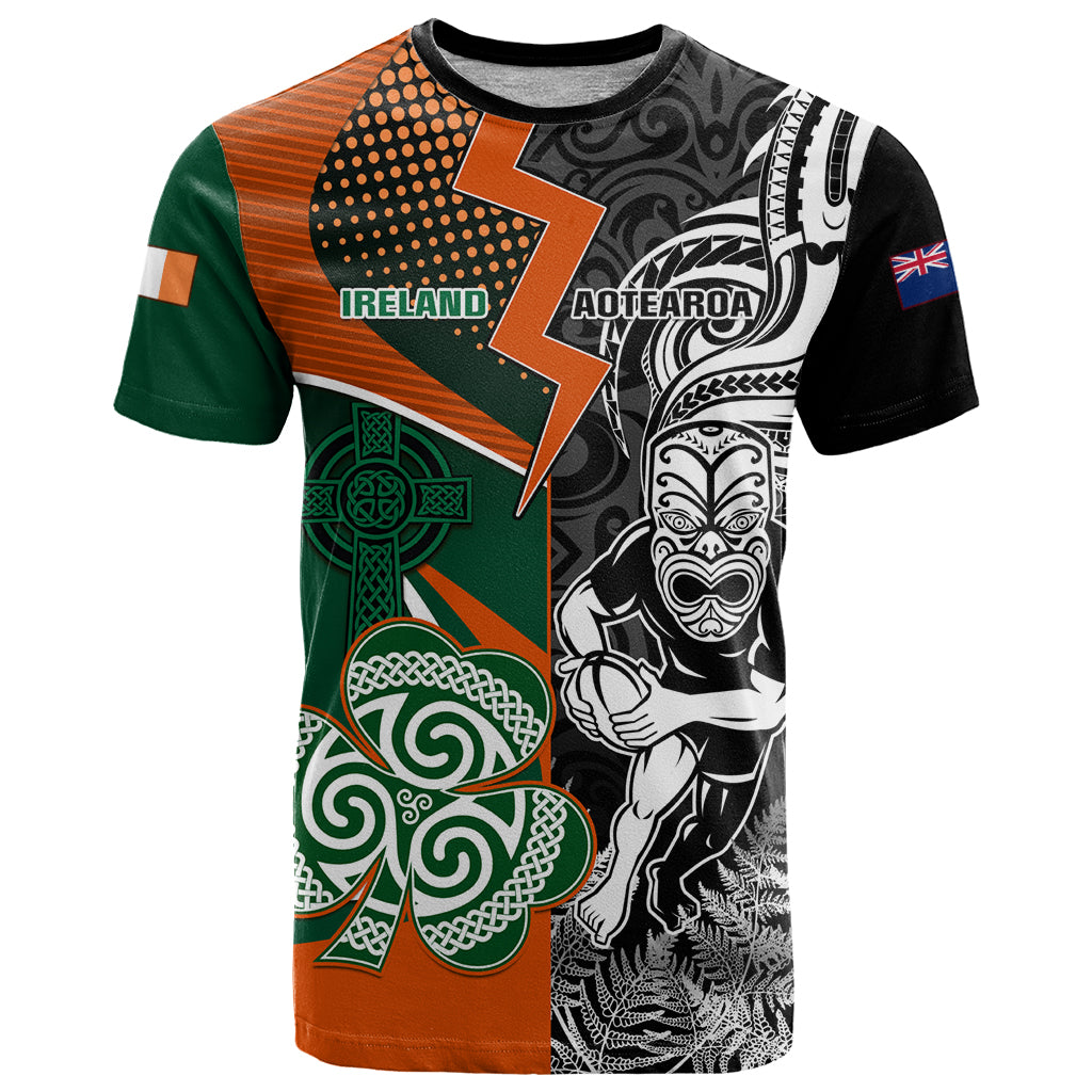 New Zealand and Ireland Rugby T Shirt Silver Fern With Shamrock 2023 World Cup - Wonder Print Shop